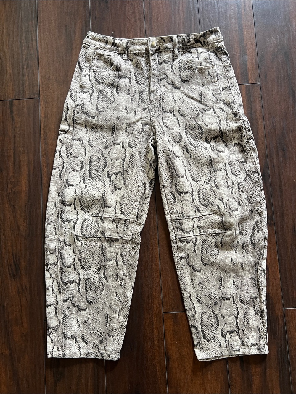 Python print barrel leg jeans with stretch size large. Excellent condition.